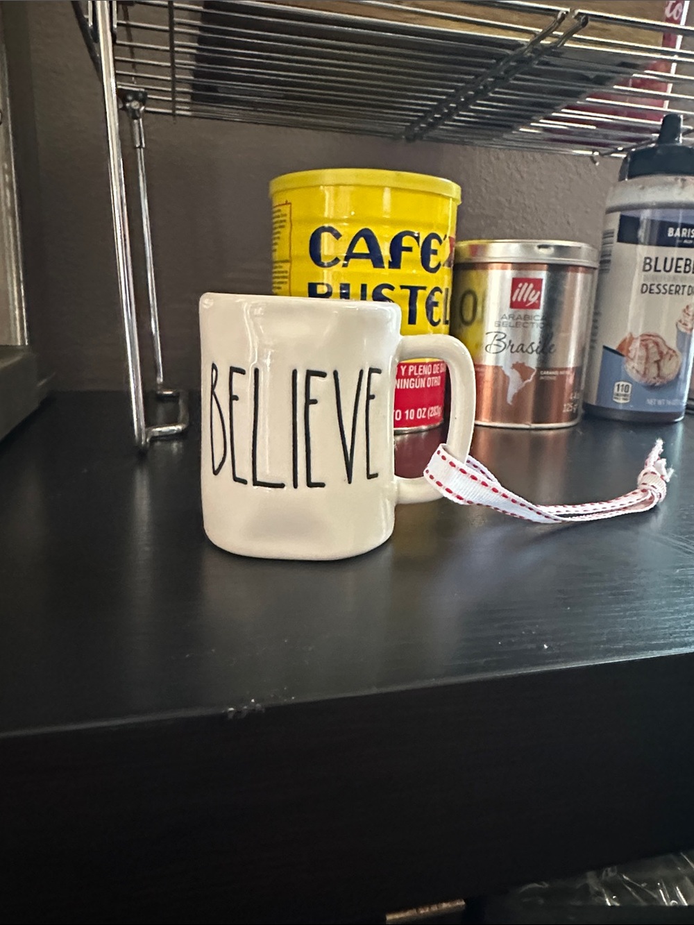 Rae Dunn BELIEVE Mini Mug Christmas Ornament Artisan Magenta
